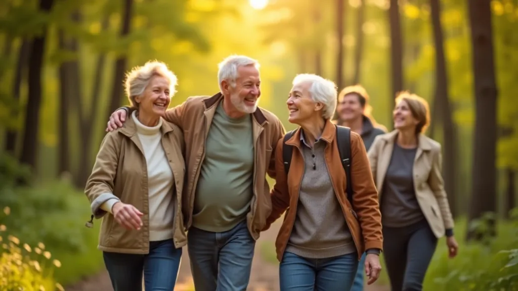 Seniori smaidošu grupu pastaigā dabā