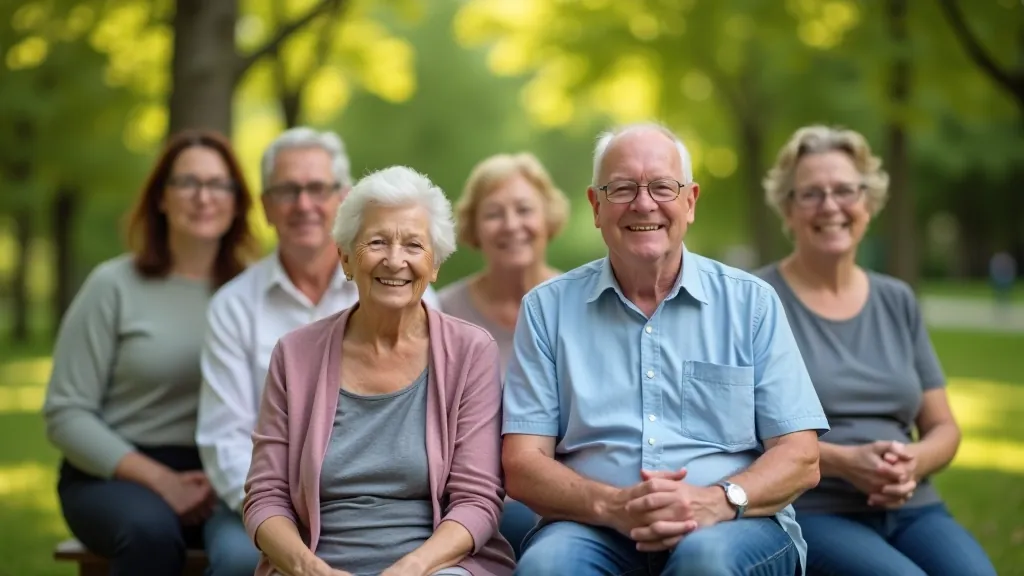 Senioru grupa sēž uz soliņa, smaida, kopā, draudzīga atmosfēra